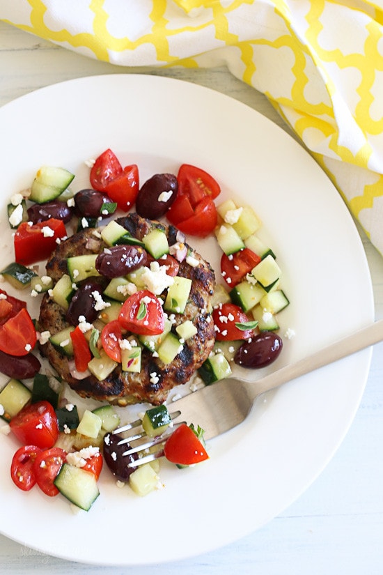 Naked Greek Feta-Zucchini Turkey Burgers Naked Greek Feta-Zucchini Turkey Burgers – juicy turkey burgers topped with Greek Salad for the win!