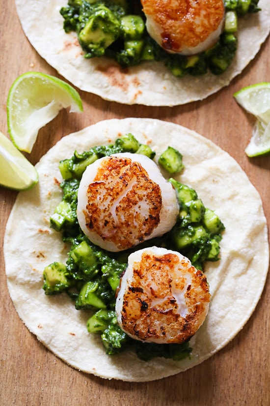 Green Scallop Tacos Green Scallop Tacos with a spicy green herb cucumber and avocado salsa and a squeeze of lime juice on top, so good!