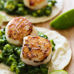 Green Scallop Tacos with a spicy green herb cucumber and avocado salsa and a squeeze of lime juice on top, so good!