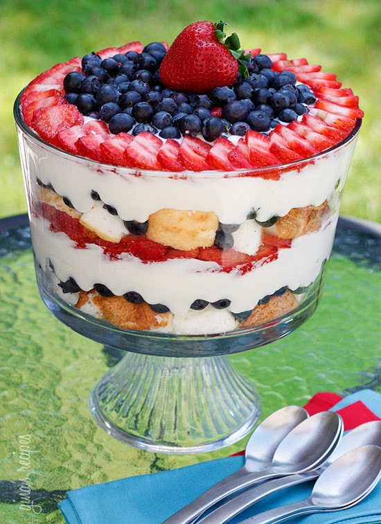 A heavenly mixed berry trifle made with fresh summer blueberries and strawberries, white chocolate pudding, angel food cake, and whipped cream.