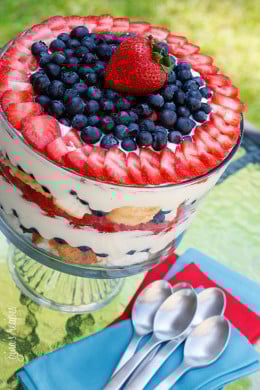 A heavenly mixed berry trifle made with summer fresh blueberries, strawberries, white chocolate pudding, angle foods cake and whipped cream.