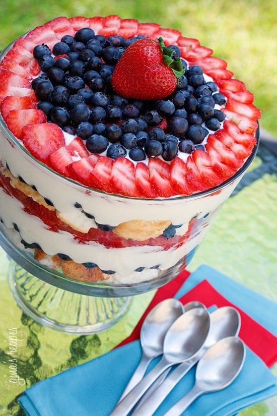 Red, White and Blueberry Trifle A heavenly mixed berry trifle made with summer fresh blueberries, strawberries, white chocolate pudding, angle foods cake and whipped cream.