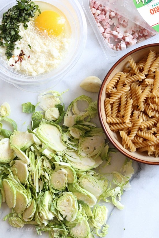 Brussels Sprouts Carbonara – This dish combines a few of my favorite things, caramelized shredded brussels sprouts, pasta and pancetta in a delicious, creamy sauce that takes about 15 minutes to make.