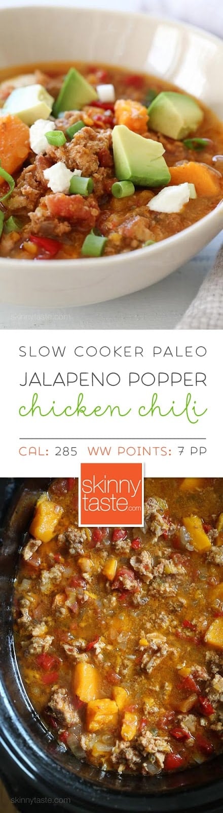 Slow Cooker Paleo Jalapeno Popper Chicken Chili This easy Slow Cooker Paleo Jalapeno Popper Chicken Chili recipe is perfect for Fall, football games, and chili season!
