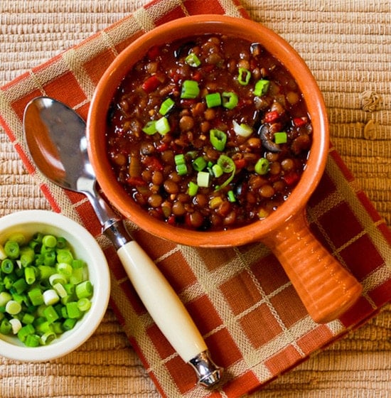 Vegan Lentil Chili with Roasted Red Peppers, Olives and Green Onion
