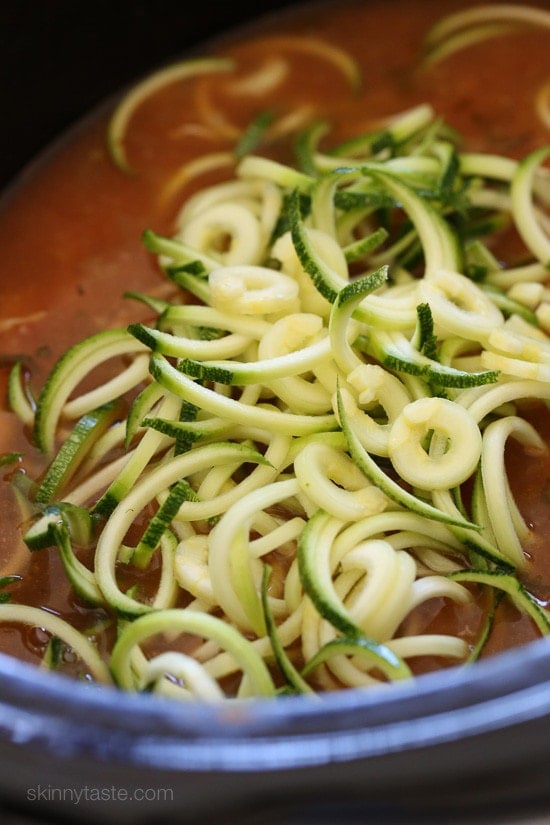 Tender-crisp veggie noodles make a wonderful low-carb pasta replacement in this delicious, Latin inspired Chipotle Chicken Zucchini "fideo" soup combined with bright fresh cilantro, creamy avocado and some crumbled queso fresco on top.