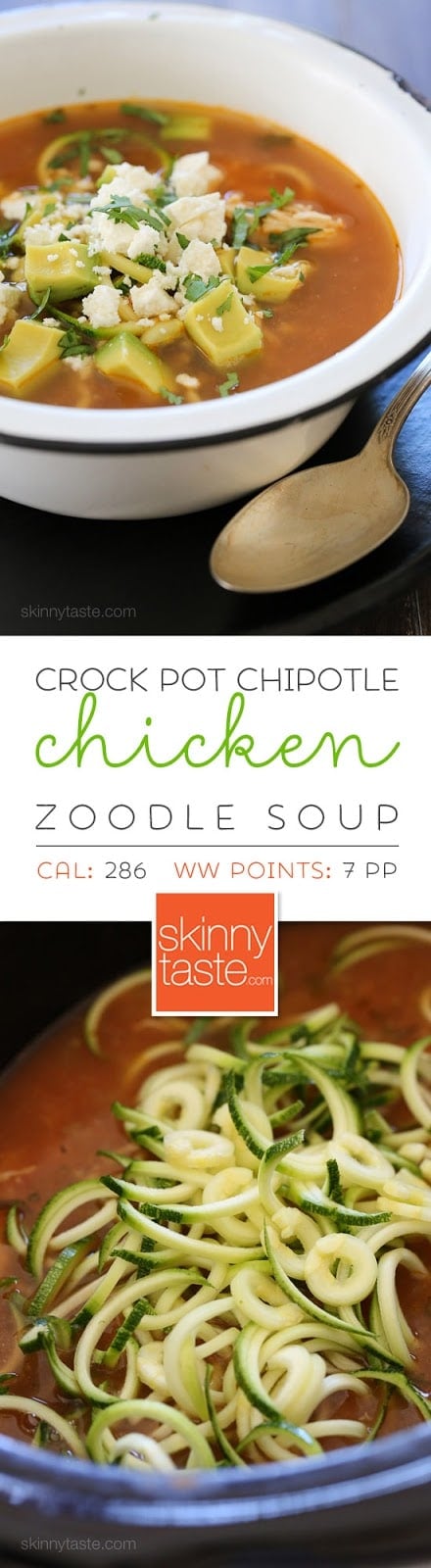 Slow Cooker Chipotle Chicken Zucchini "Fideo" Soup Tender-crisp veggie noodles make a wonderful low-carb pasta replacement in this delicious, Latin inspired Chipotle Chicken Zucchini "fideo" soup combined with bright fresh cilantro, creamy avocado and some crumbled queso fresco on top.