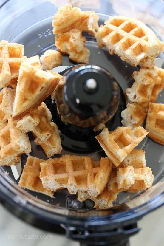 Waffles placed in the food processor.