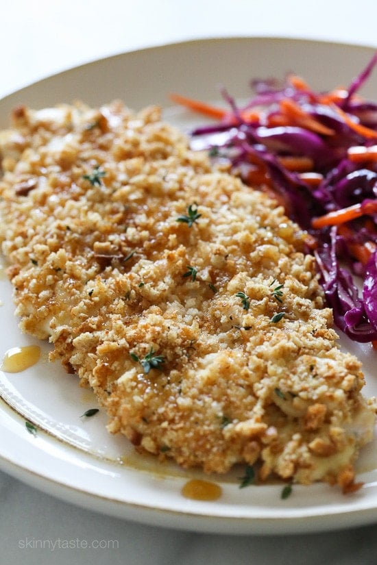 Waffle Crusted Chicken with Spicy Maple Sauce – a healthier twist on chicken and waffles!