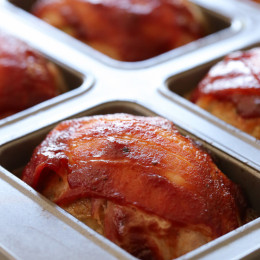 These EASY Bacon Topped Petite Turkey Meatloaf with BBQ Sauce are so moist with the addition of grated zucchini to the meatloaf mix!