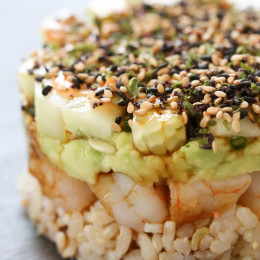 These EASY, Spicy California Shrimp Stacks will satisfy your sushi craving, and they taste SO GOOD! Layered with cucumber, avocado, shrimp and brown rice, then topped with a spicy mayo – YUM!