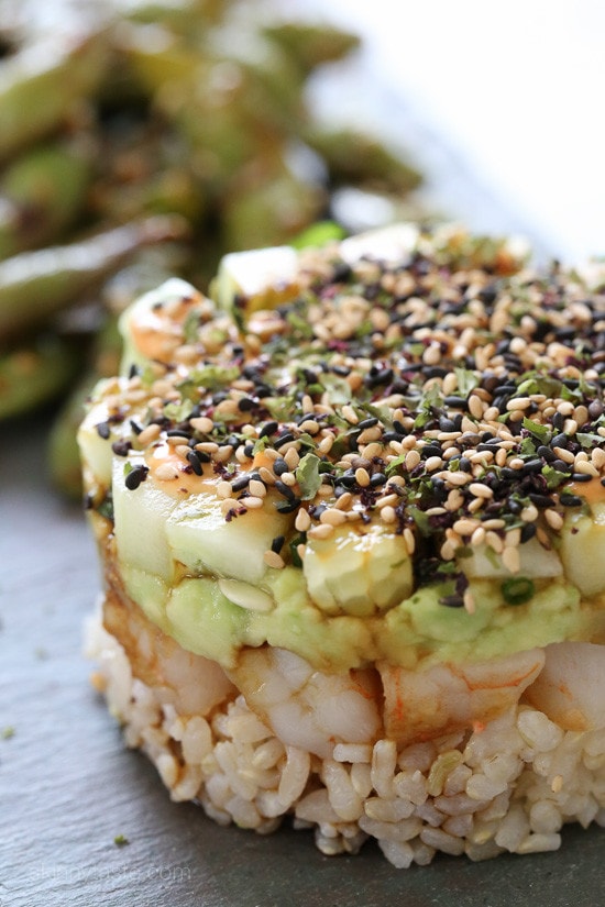 Spicy California Shrimp Stack These EASY, Spicy California Shrimp Stacks will satisfy your sushi craving, and they taste SO GOOD! Layered with cucumber, avocado, shrimp and brown rice, then topped with a spicy mayo – YUM!