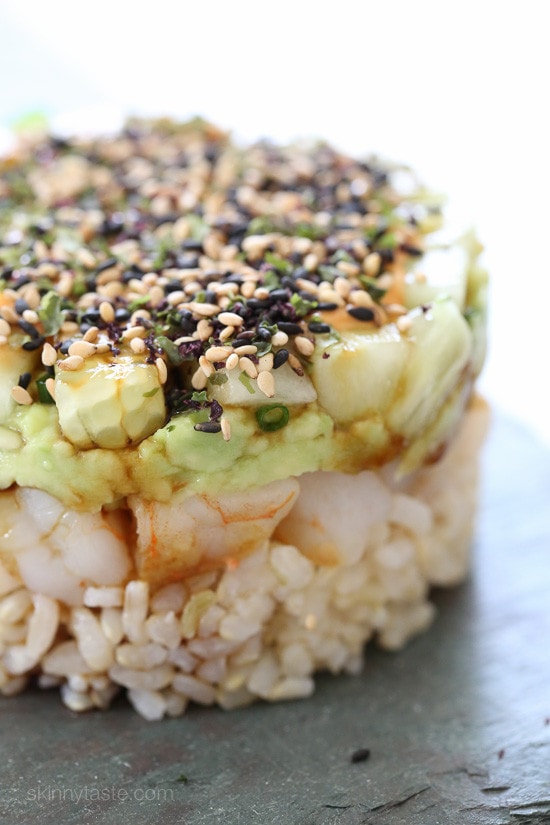 Spicy California Shrimp Stack These EASY, Spicy California Shrimp Stacks will satisfy your sushi craving, and they taste SO GOOD! Layered with cucumber, avocado, shrimp and brown rice, then topped with a spicy mayo – YUM!