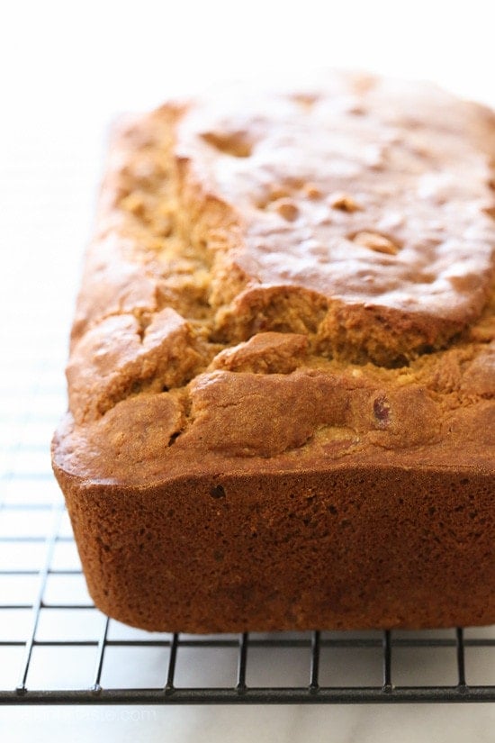 Pumpkin Banana Pecan Bread – made light by swapping most of the butter for pumpkin puree, bananas and apple sauce!