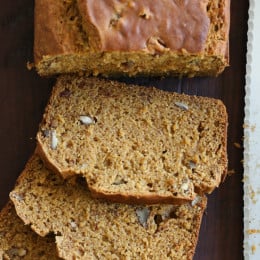 So moist and flavorful, this bread is made light by replacing butter with lots of bananas, pumpkin and apple sauce.