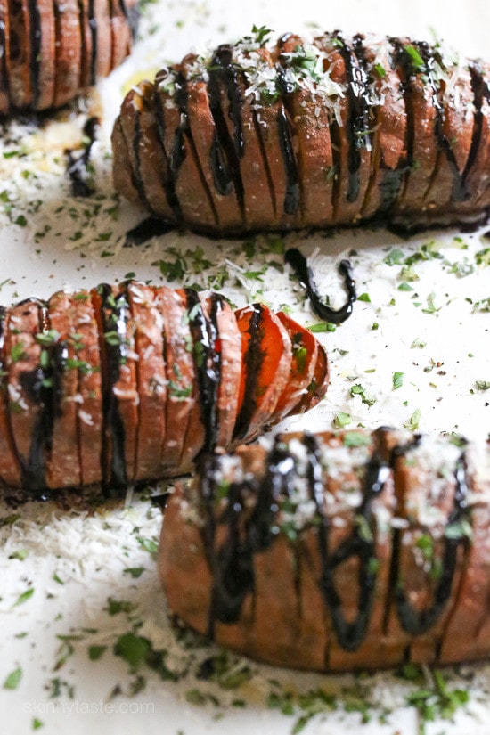Parmesan Hasselback Sweet Potatoes with Balsamic Glaze Parmesan Hasselback Sweet Potatoes with Balsamic Glaze