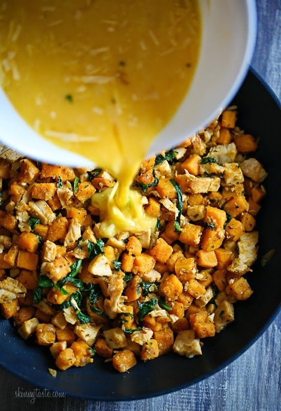 Leftover Turkey and Sweet Potato Frittata Leftover turkey, sweet potatoes, spinach and Gruyere cheese – trust me, you'll want to save some Thanksgiving turkey because this breakfast frittata is SO good!