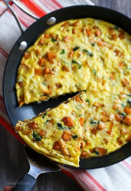 Leftover Turkey and Sweet Potato Frittata Leftover turkey, sweet potatoes, spinach and Gruyere cheese – trust me, you'll want to save some Thanksgiving turkey because this breakfast frittata is SO good!