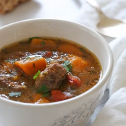 On a cold rainy night, there's nothing like warming up to a bowl of hearty beef stew made with winter squash, Marsala wine and fresh herbs.