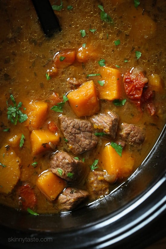 Slow-Cooker Beef and Kabocha Squash Stew On a cold rainy night, there's nothing like warming up to a bowl of hearty beef stew made with winter squash, Marsala wine and fresh herbs. Make this in the slow cooker or pressure cooker, serve it with crusty bread and you have yourself a meal.