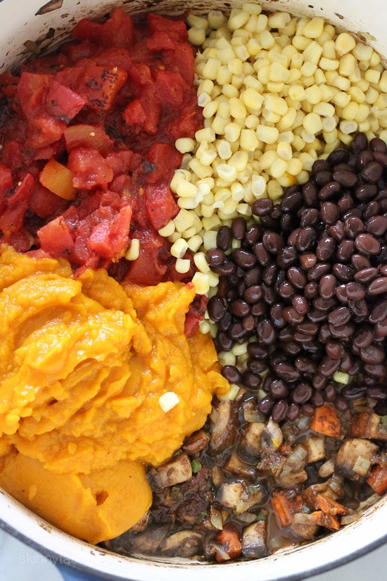 This Vegetarian Pumpkin Chili is loaded with pumpkin puree, veggies, beans, and a homemade spice blend. Hearty, filling, and oh-so-tasty! Pumpkin, diced tomatoes, corns, and beans in a pot