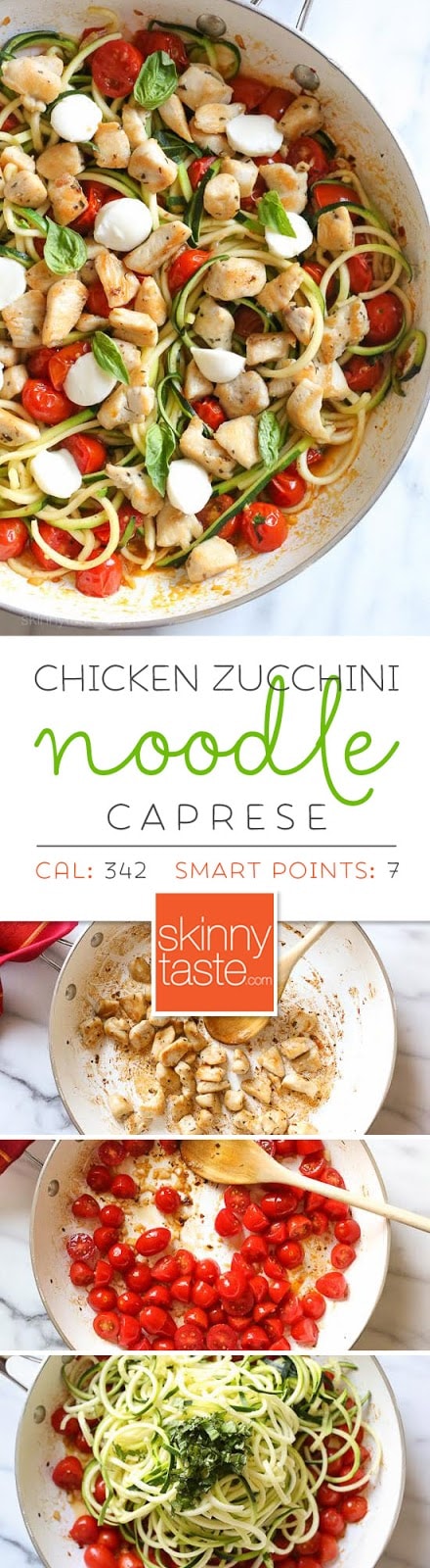 Chicken Zucchini Noodle Caprese Chicken and Zucchini Noodle Caprese is made with sauteed bite-sized chicken breast and grape tomatoes cooked with spiralized zucchini, fresh mozzarella and basil. An easy, low-carb 30-minute meal!