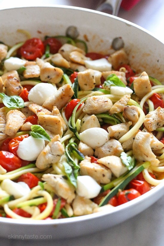 Chicken Zucchini Noodle Caprese Chicken and Zucchini Noodle Caprese is made with sauteed bite-sized chicken breast and grape tomatoes cooked with spiralized zucchini, fresh mozzarella and basil. An easy, low-carb 30-minute meal!
