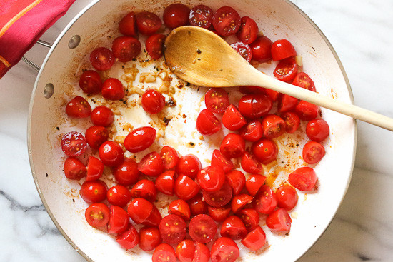 Chicken and Zucchini Noodle Caprese is made with sauteed bite-sized chicken breast and grape tomatoes cooked with spiralized zucchini, fresh mozzarella and basil. An easy, low-carb 30-minute meal!
