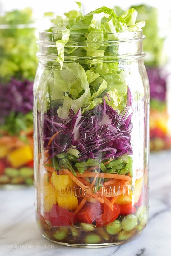 Asian Chopped Salad with Sesame Soy Vinaigrette (In a Jar) This colorful Asian-inspired salad is layered with edamame, bell peppers, carrots, snow peas, cabbage and lettuce and a simple sesame-soy vinaigrette. One jar is a huge serving, perfect for lunch or it can serve two as a side dish.