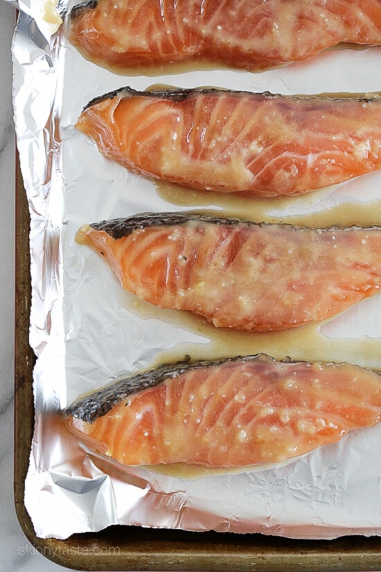 Raw Miso Salmon on foil lined pan.