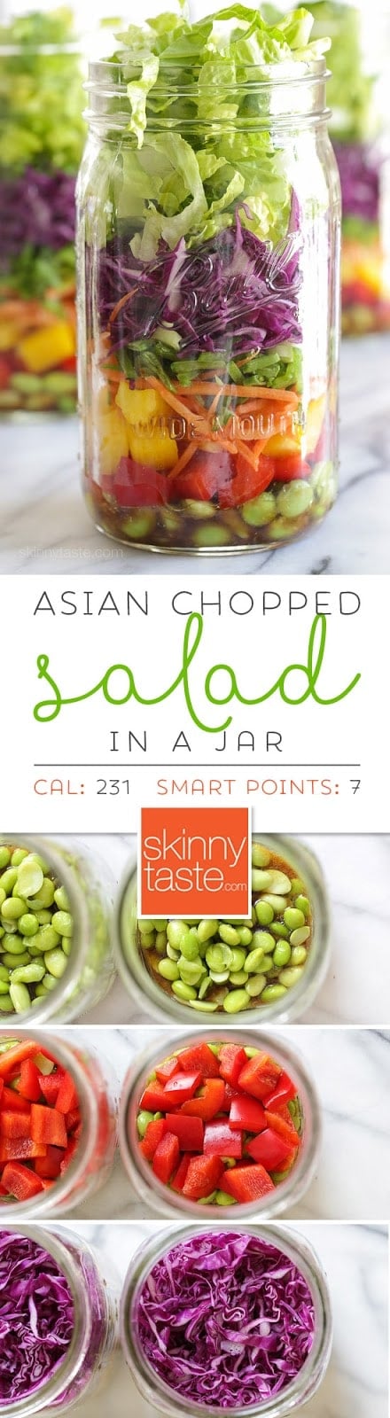 Asian Chopped Salad with Sesame Soy Vinaigrette (In a Jar) Asian Chopped Salad with Sesame Soy Vinaigrette (In a Jar) – perfect for lunch on the go! Weight Watchers Smart Points: 7 Calories: 231