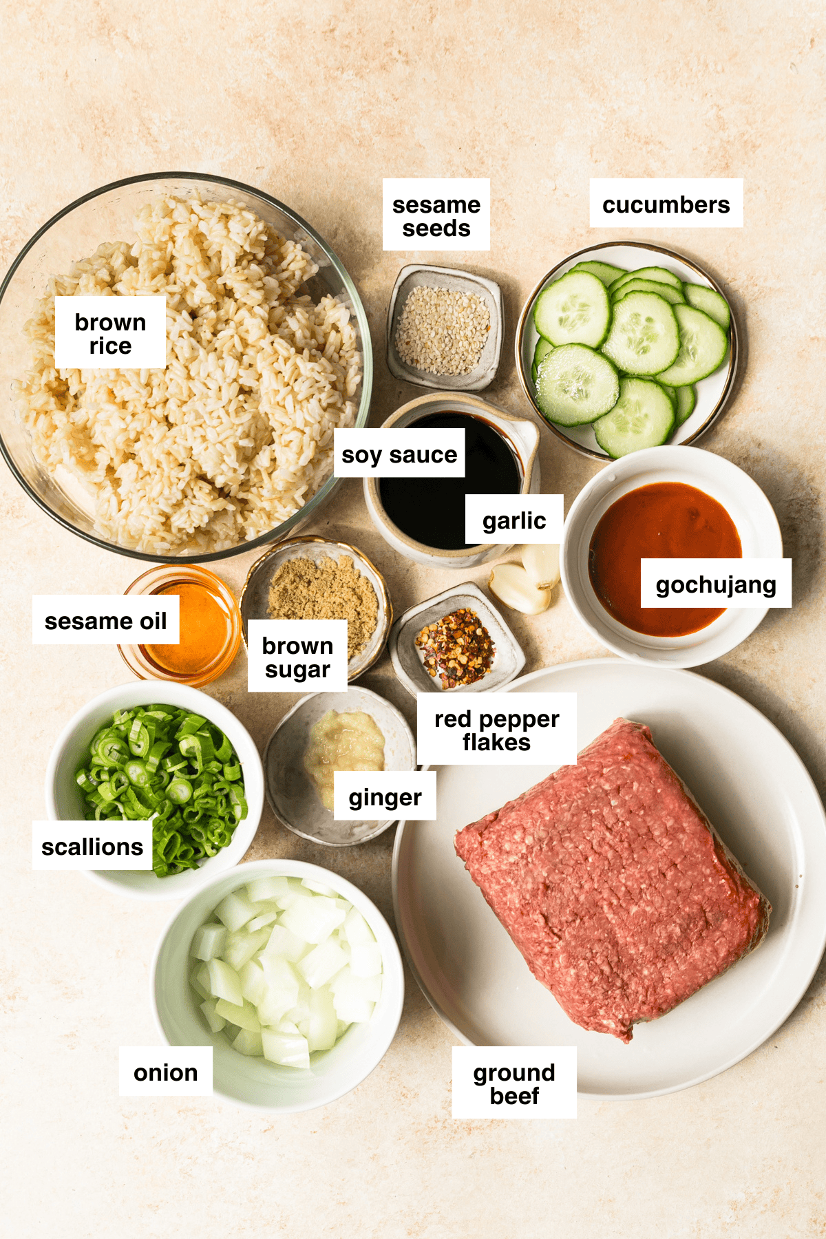 An easy and delicious Korean beef recipe is made with ground beef, served over rice with cucumbers and gochujang sauce. Korean Beef Bowl labeled ingredients
