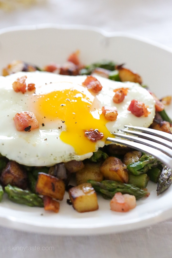 Breakfast Asparagus-Pancetta and Potato Hash topped with an egg – delicious!