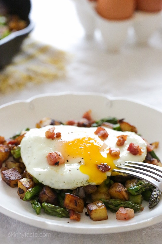 Breakfast Asparagus-Pancetta and Potato Hash topped with an egg – delicious!