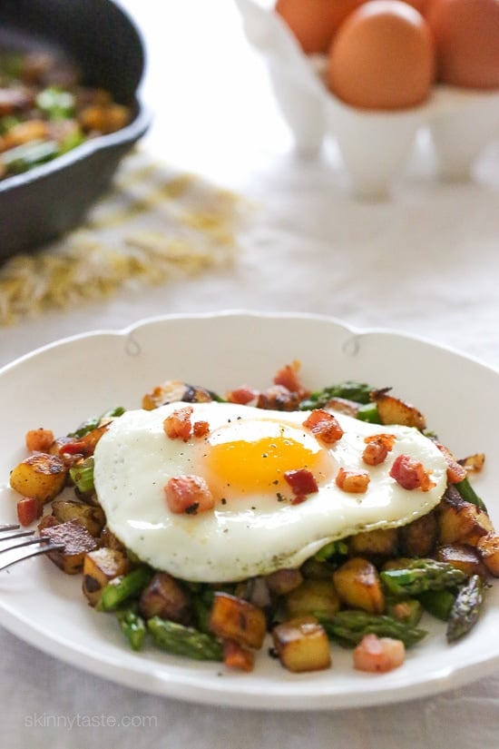 Breakfast Asparagus-Pancetta and Potato Hash topped with an egg – delicious!