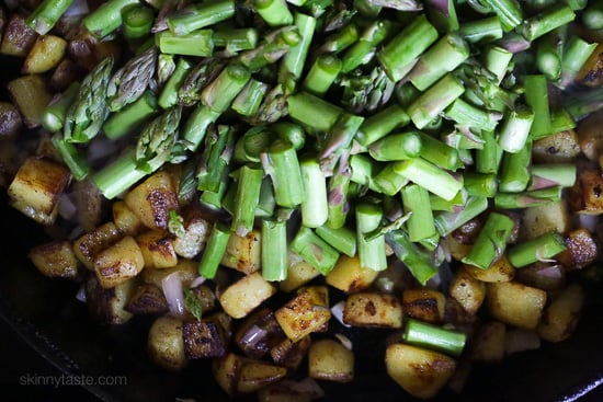 This Spring breakfast hash recipe is made with a combination of sauteed asparagus, diced Yukon gold potatoes, pancetta and shallots then topped with an egg.