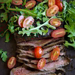 This Grilled Balsamic Steak with Tomatoes and Arugula is an easy weeknight dinner solution –marinate the steak overnight with balsamic vinegar and fresh herbs, then fire up the grill and serve with a simple tossed arugula-tomato salad, on the table in less than 20 minutes!