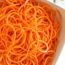 An easy 5-ingredient carrot salad that is lemony, bright and delicious! You don't need a spiralizer to make it, you can use pre-shredded carrots or use a potato peeler to cut the carrots into ribbons.