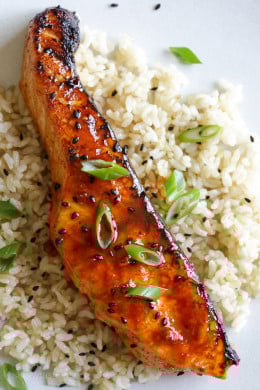 This quick and easy Korean-inspired salmon dish is cooked in the broiler, perfect for weeknight cooking because it takes less than 10 minutes to cook. The glaze is so tasty it would be great with other types of fish as well.