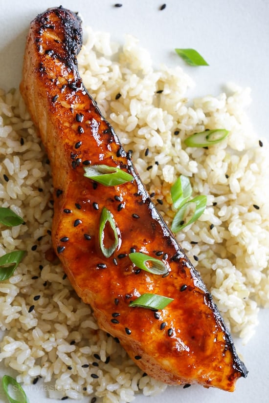 This quick and easy Korean-inspired salmon dish is cooked in the broiler, perfect for weeknight cooking because it takes less than 10 minutes to cook. The glaze is so tasty it would be great with other types of fish as well.