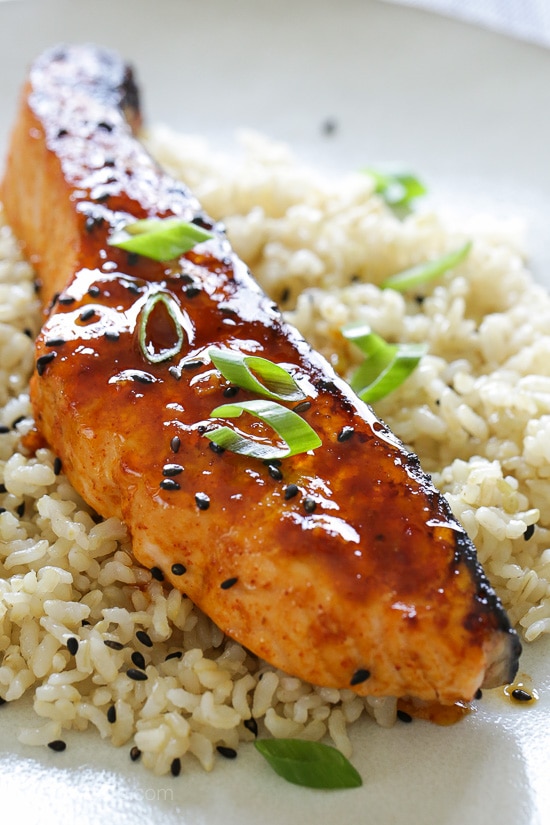 This quick and easy Korean-inspired salmon dish is cooked in the broiler, perfect for weeknight cooking because it takes less than 10 minutes to cook. The glaze is so tasty it would be great with other types of fish as well.