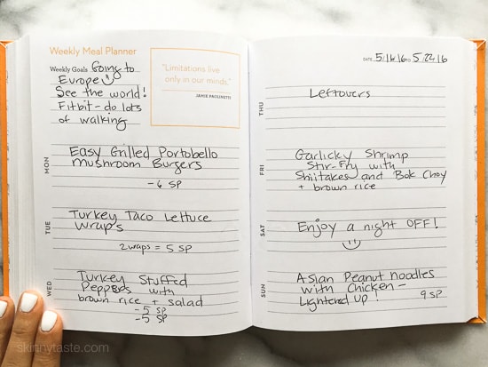 A healthy week of Skinnytaste Dinners in the Skinnytaste Meal Planner available on Amazon and B&N.
