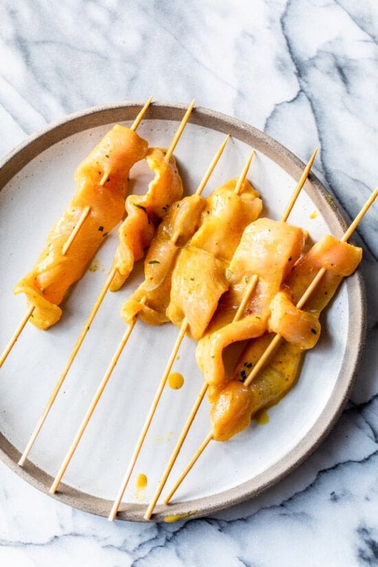 chicken on wooden skewers