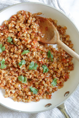 This Mexican inspired dish of Cauliflower Rice uses finely chopped cauliflower, which makes a fantastic low-carb, grain-free stand in for rice.