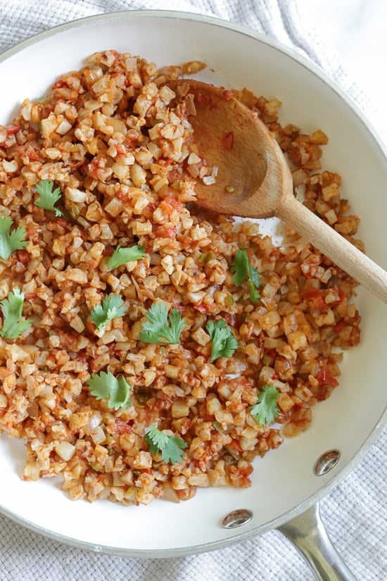 This Mexican inspired dish of Cauliflower Rice uses finely chopped cauliflower, which makes a fantastic low-carb, grain-free stand in for rice.