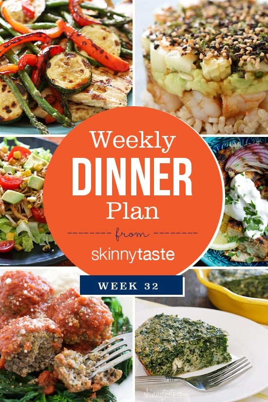 A healthy week of dinners planned in the Skinnytaste Meal Planner. Week 32