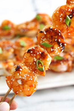 Sweet and spicy Korean-inspired Gochujang-Honey Glazed Shrimp Skewers are perfect for weeknight cooking because they take less than 10 minutes to cook.