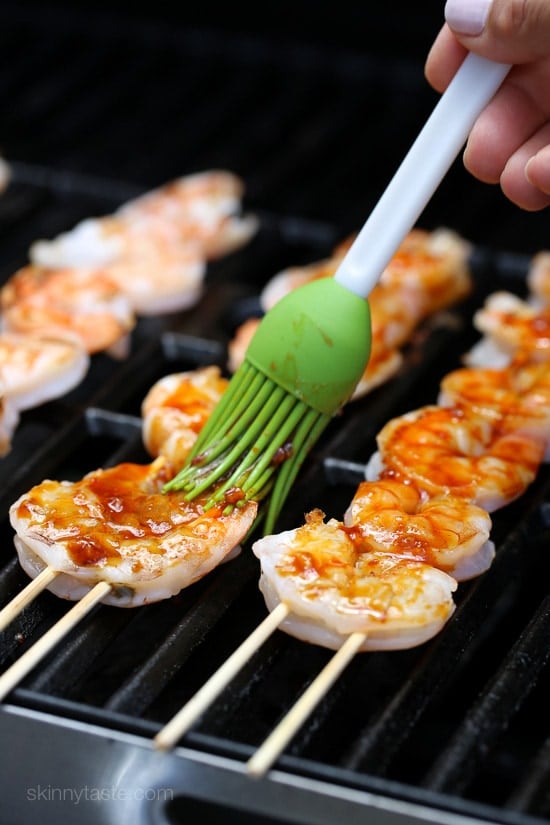 Sweet and spicy Korean-inspired Gochujang-Honey Glazed Shrimp Skewers are perfect for weeknight cooking because they take less than 10 minutes to cook.