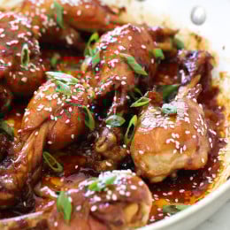 These skinless chicken drumsticks sweet and sticky, and so delicious! Cooked in a skillet with honey, soy sauce, garlic and ginger until the chicken is tender and the sauce thickens. You won't miss the skin!