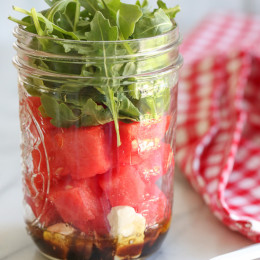 One of my favorite summer salad combinations is watermelon with feta, balsamic, red onion and arugula. It's so refreshing and light, and perfect to make in jars to take to the beach or park (I keep them chilled in cooler).